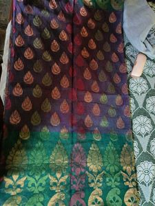 Purple &amp; Green Leaf Print Saree