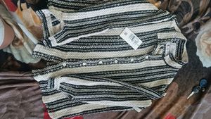 Black and White Crochet Knit Striped Full Sleeves