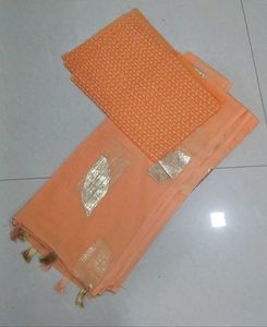 Bright Peachish Orange Georgette Saree With Blouse
