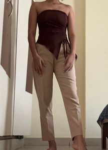 Brown Drawstring Strapless Asymmetrical Tube Top