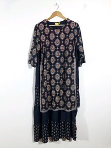 Navy Blue Floral Printed  Dress ( Women's )