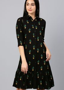Cactus Print Black Shirt Dress 🤩– Breezy Style