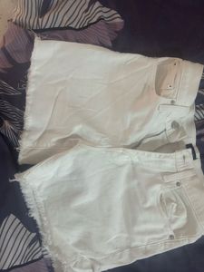 White &amp; Blue Denim Shorts with Frayed H