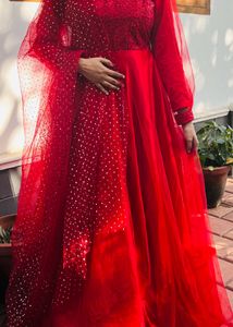 red colour flared dress with shall
