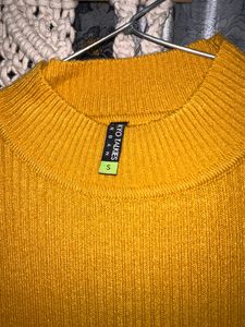 Women Striped High Neck YellowSweater