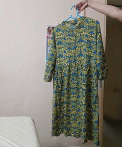 Elegant Blue And Yellow Printed Dress