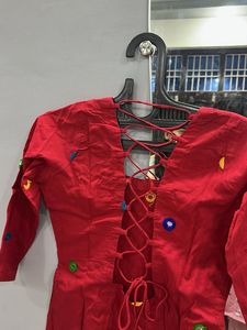 Red Mirror Work Backless Kurta