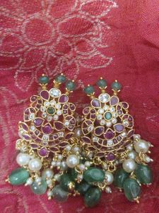 Combo Of 2 Pairs Ear Rings Gold Finish Green Beeds