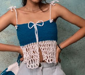 Blue Crochet Tie-Up Top