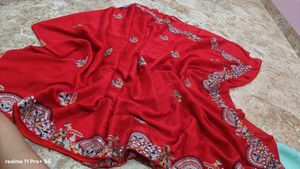 Red Embroidered party wear saree