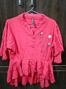 Red Peplum Mandarin Collar Top with Floral Details