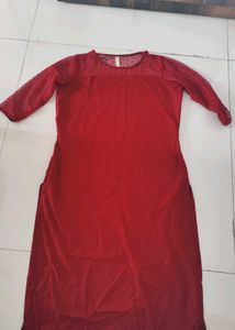 Red Plain Kurta with Net Neck line