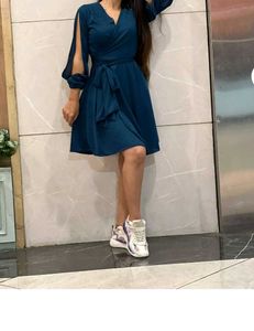 Blue V-Neck Wrap Mini Dress