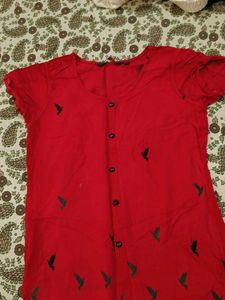 Red Bird Print Button-Down Dress