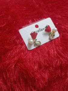 Pearl &amp; Red Tulip Stud Earrings