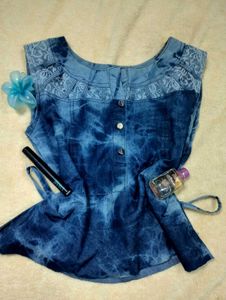 🎀Handmade Denim Tie-Dye Top with Lace🎀