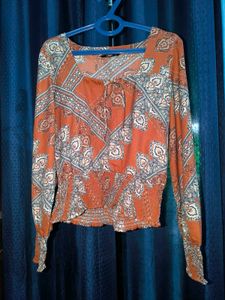 Brown Full Sleeves Printed Top