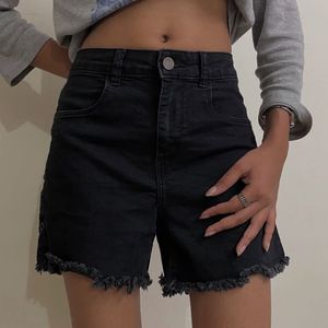 Black Denim Frayed Hem Shorts