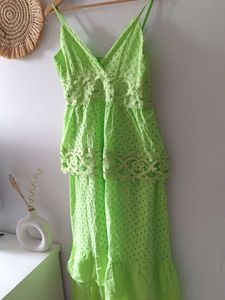 Neon Green Schiffli Lace Tiered Maxi