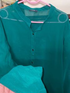 Full Sleeve Green Sheer Button-Down Top/shirt