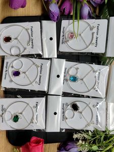 Silver Colorful Gem Pendent, Bracelet & Ring Set