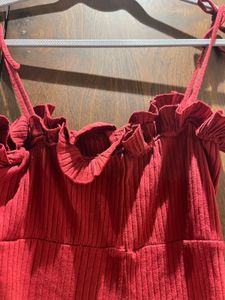 Koovs Red Ribbed Bodycon Dress with Ruffle Neck –