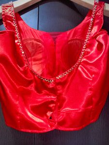Red Satin Blouse with Intricate Beading