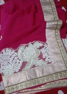 Elegant Pink &amp; Silver Embroidered Saree