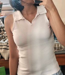 White Ribbed Polo Tank Top
