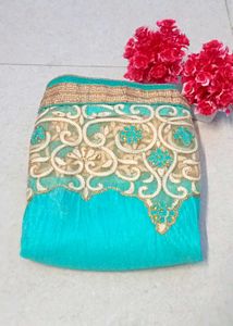 Teal &amp; Gold Embroidered Saree