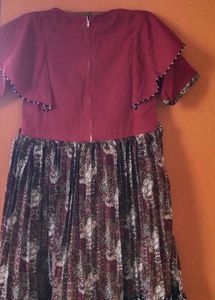 Girls Maroon Floral Belted Dress With Free Lagging