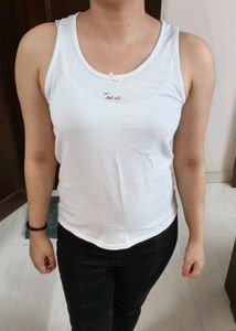 Women White Printed Cotton Casual Tank Top