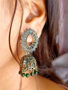 Green Beaded Jhumka Earrings