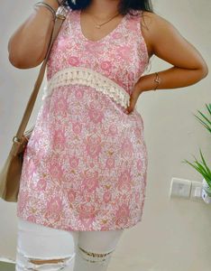 Sleeveless Floral Cotton Trendy Short Kurthi