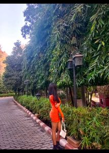 Bold Orange Bodycon Dress with ruched Sleeves