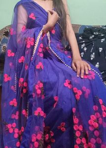 Blue Saree With Ready Blouse Fully Stitched