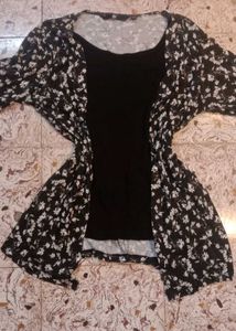Floral Cardigan style Black Tank Top