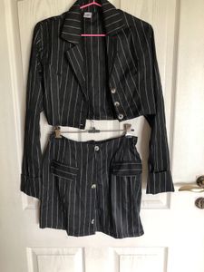 Grey Striped Jacket And Skirt