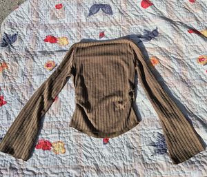 Brown Ribbed Bell Sleeve Top