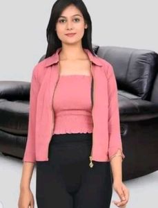 Chic Pink Bandeau & Zip Crop Jacket Set