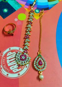 Ruby&Crystal Indian Headpiece(Mangtika) & Ring Set