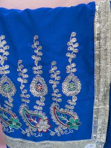 New Elegant Blue Embroidered Saree