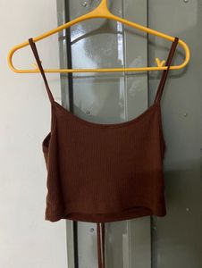 Brown Ribbed Ruffle Cami