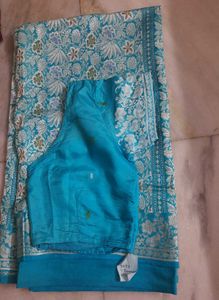 Teal Floral Banarasi Silk Saree With Blouse