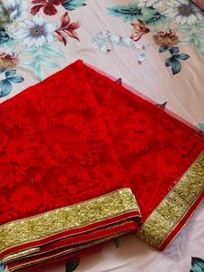 Red Embroidered Net Saree