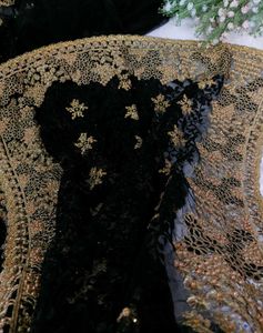 Black &amp; Gold Zari Work Embroidered Net Saree