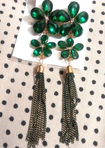Long Green Stone Earrings With Nail polish