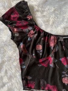 Urbanic Black Floral Printed Mesh Top