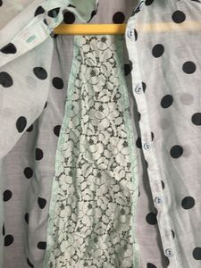 Sea Green Polka Dots Collared Shirt With Net Desig