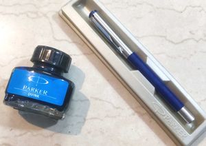 Parker Blue Fountain Ink Pen With Free Bottle